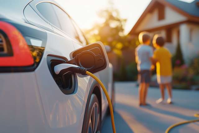 Foto: E-Auto wird aufgeladen im Hintergrund zwei Kinder