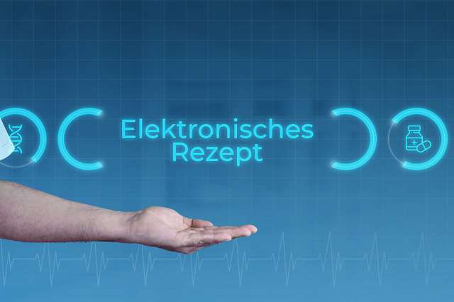 Foto: Aufgehaltene Hand unter Schriftzug Elektronisches Rezept